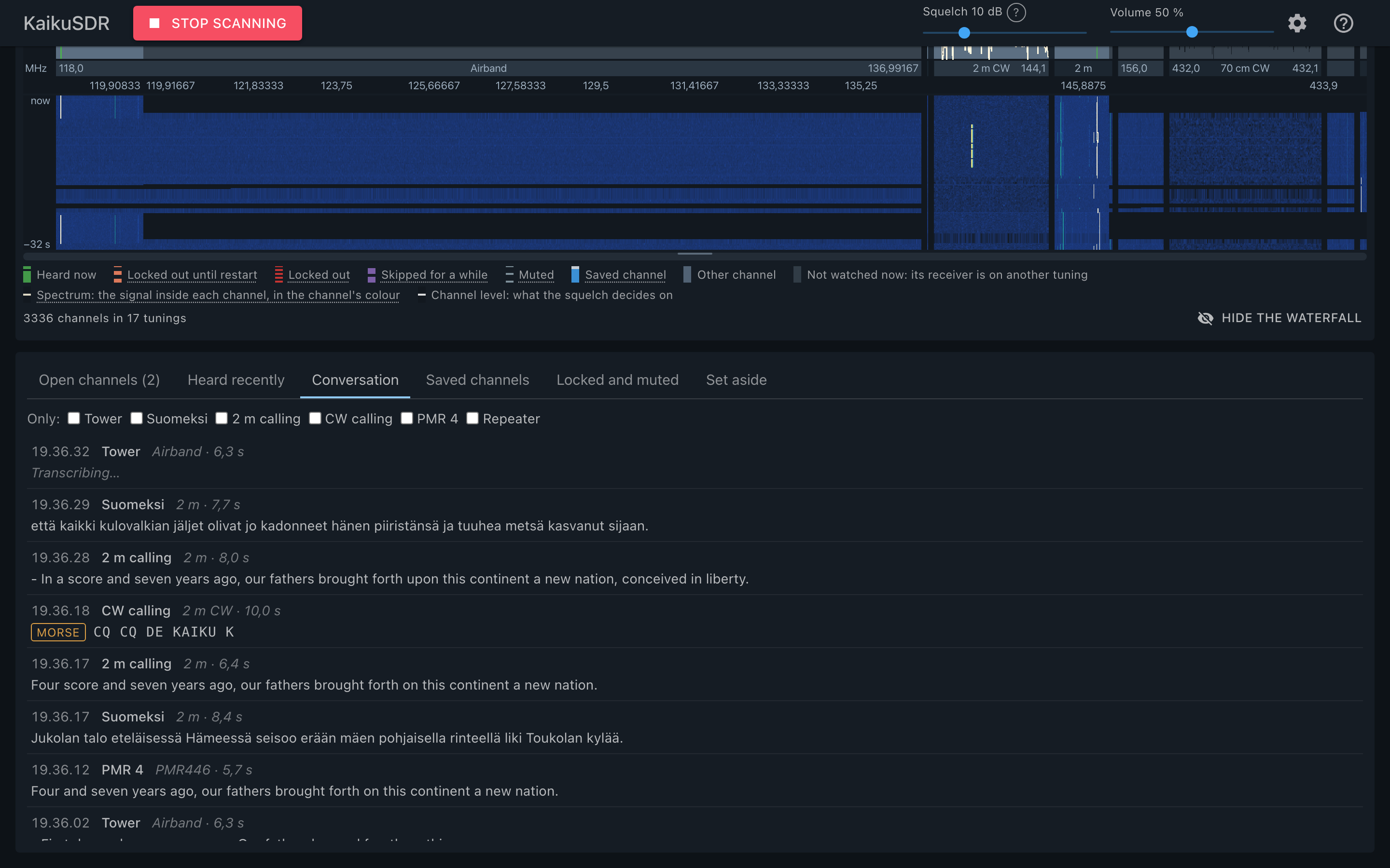 Conversation: what was said on each channel, written down by speech to text on this computer. Here in English and in Finnish, newest on top, narrowed to the channels you choose.