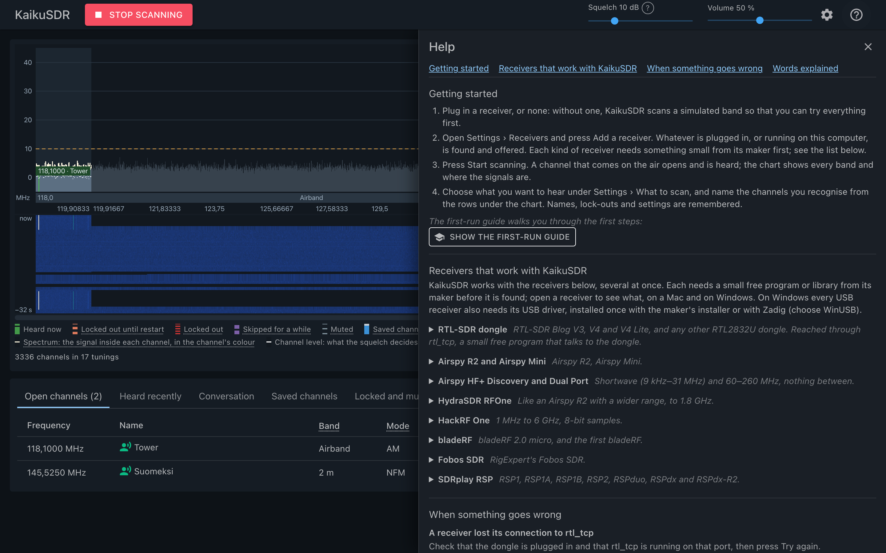 Help: getting started, every receiver and what it needs, what to do when something goes wrong, and the words explained.