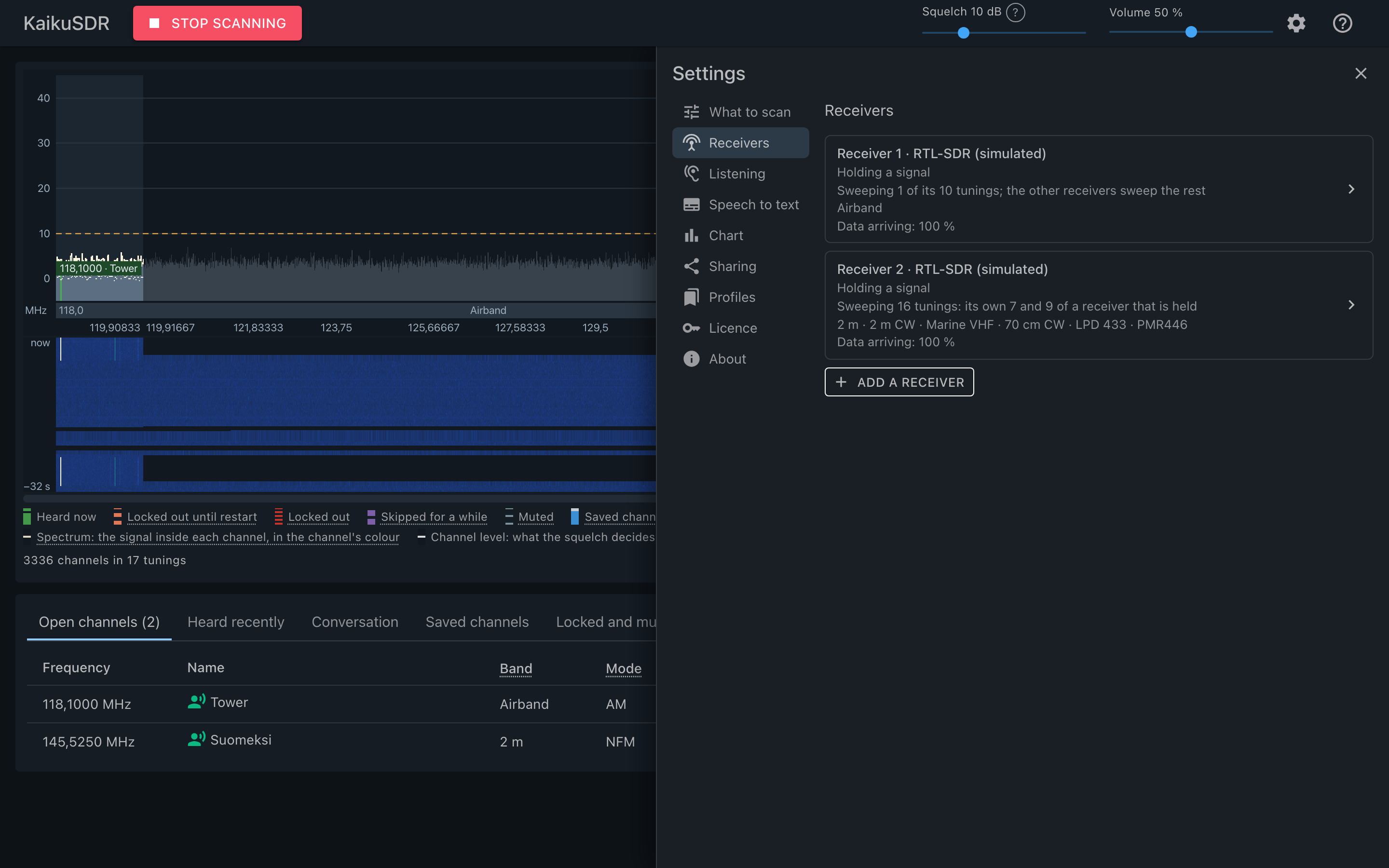 Receivers: what each is doing and what it scans. Each has a page of its own for its settings.